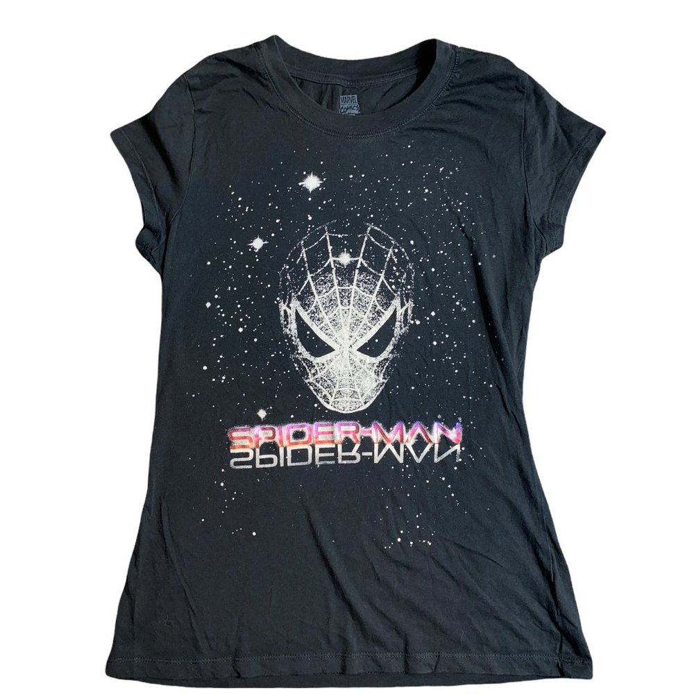 Disney Marvel Spider-Man Head in Stars Womens Large Black Short Sleeve Shirt